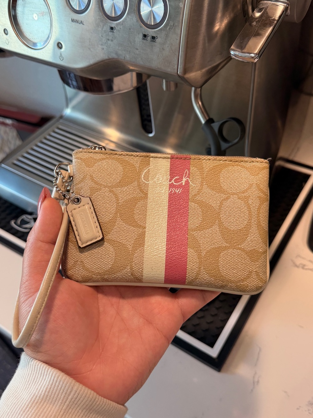 Coach Tan Wristlet with Pink & Cream Center Stripe